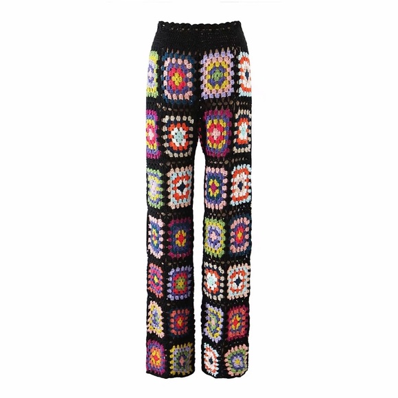 Handmade Colorful Bohemian Multi Color Knit Sweater Black Women's Casual Pants - Picture 5 of 10